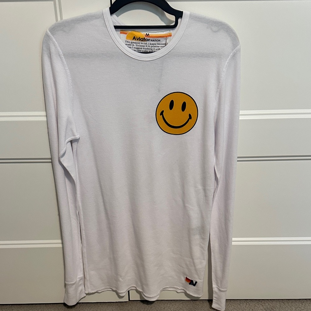 Aviator Nation White Long-Sleeve Tee with Yellow Smiley